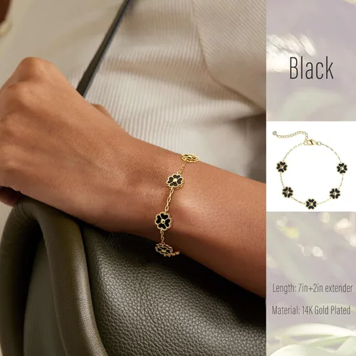 Vista 4 de NECOCY Pulsera de trébol para mujer, moderna chapada en oro de 18 quilates, cuatro hojas, juego de pulseras de flores de la suerte, ajustables