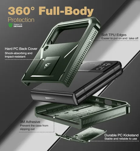 Vista 5 de Dexnor Funda a prueba de golpes para Samsung Galaxy Z Flip 4 5G, resistente funda protectora con soporte plegable, funda con clip para cinturón