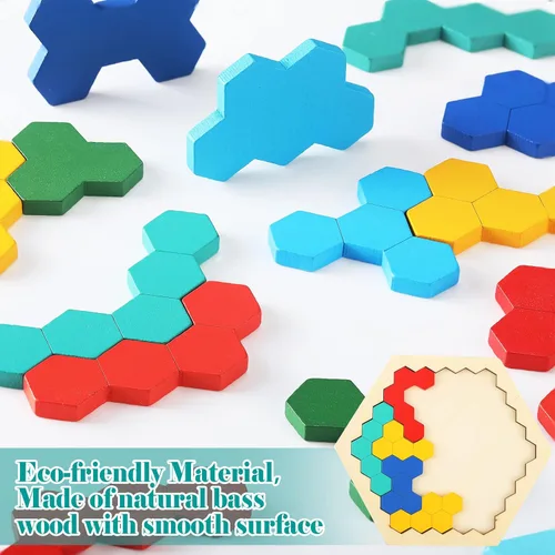 Vista 6 de Paquete de 4 bloques de madera rompecabezas hexagonal geométrico Tangram rompecabezas con forma de bloque de cerebro Teaser juguete ruso lógica IQ