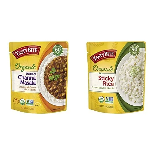 Tasty Bite Indian Channa Masala Entrée (60 onzas, 6 unidades) + arroz blanco pegajoso orgánico (8.8 onzas, paquete de 6) | Apto para microondas,