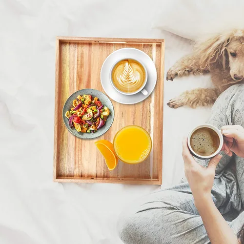 Vista 8 de Bandeja de servir de madera de acacia con asas (17 pulgadas) – Bandejas decorativas para servir desayuno en la cama, almuerzo, cena, aperitivos