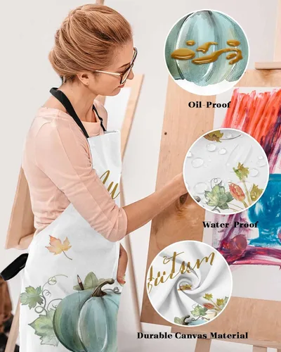 Vista 4 de Waterproof Apron with 2 Pockets, Thanksgiving Fall Pumpkin Watercolor Adjustable Man and Women Kitchen Bib Apron for Baking Cooking Restaurant BBQ