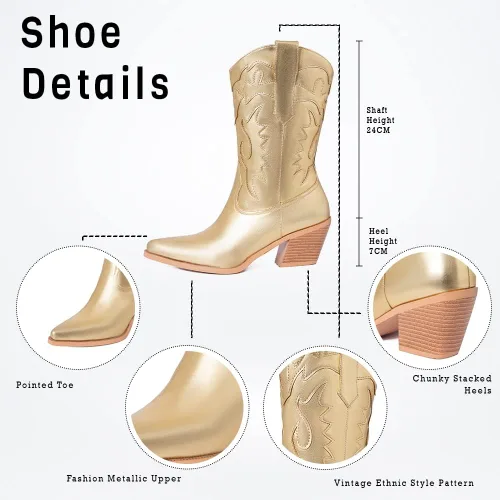 Vista 4 de Botas vaqueras para mujer, estilo retro, tacón alto, puntiagudo, pantorrilla ancha, bordado a media pantorrilla, botas vaqueras para novia, boda