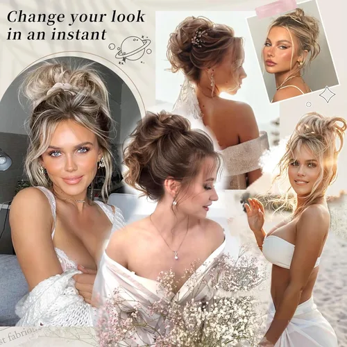Vista 4 de HMD - Extensiones de cabello tipo chongo alborotado con rodelo despeinado, banda elástica de goma, extensiones de cabello sintético para mujer