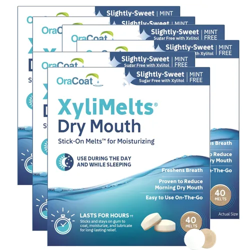 Oracoat XyliMelts - Discos hidratantes para la boca seca, sin azúcar con xilitol, paquete de 6, sabor ligeramente dulce, alivio de 8 horas