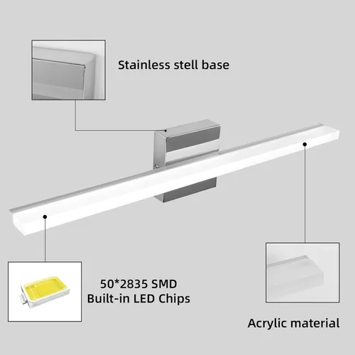 Vista 2 de Lámpara LED de tocador de baño de 16 pulgadas sobre espejo, moderna para interiores, cromada, 10 W, 5000 K, aplique de pared blanco frío para baño
