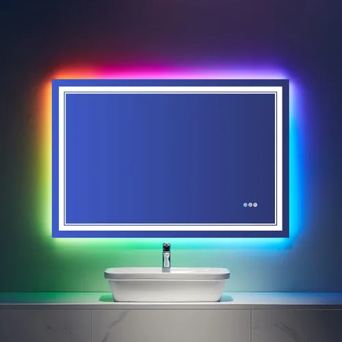 Vista 26 de Espejo de baño LED de 48 x 40 pulgadas con luces, retroiluminado y frontal iluminado para pared, espejo de tocador LED inastillable con memoria