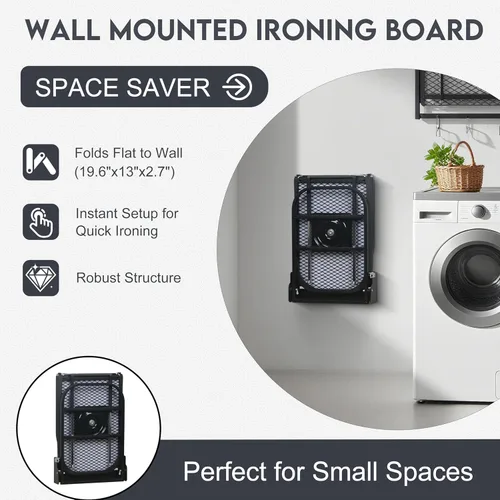 Vista 4 de Tabla de planchar para montar en la pared, compacta que ahorra espacio, tabla de hierro plegable para cuarto de lavado, 36 x 12 pulgadas, color negro