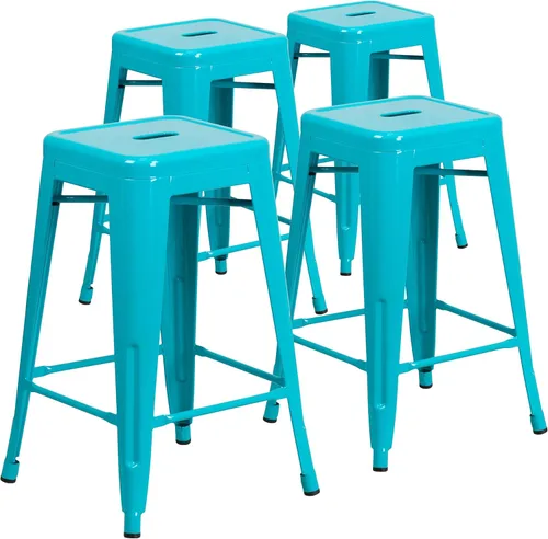 Vista 18 de Taburete de 24 pulgadas de alto para interior y exterior con asiento cuadrado., Metal, Negro