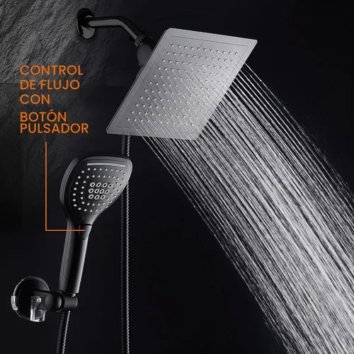 Vista 3 de DreamSpa - Combo de cabezal de ducha de lluvia/manual ultra-lujoso de 9 pulgadas. Conveniente botón pulsador de control de flujo para fácil Negro