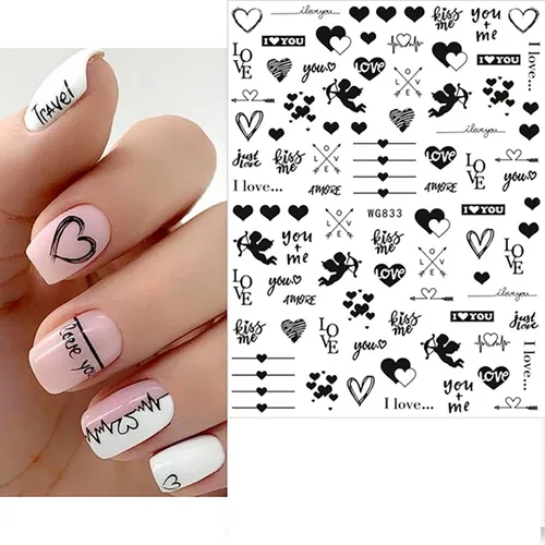Vista 7 de 6 hojas de calcomanías autoadhesivas 3D para uñas de corazón negro y rojo Cupido corazón amor calcomanías para uñas naturales uñas acrílicas diseño