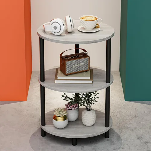Vista 25 de Mesa auxiliar redonda pequeña, mesa decorativa ovalada de 3 niveles para espacios pequeños, mesita de noche de madera rústica y metal para sala