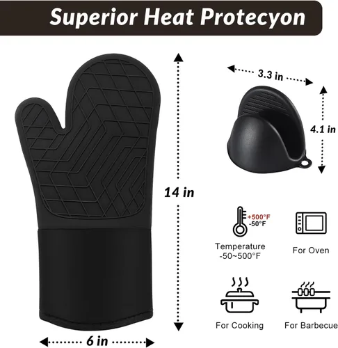 Vista 7 de Havlucen Extra Long Silicone Oven Mitts with Mini Oven Gloves & Quilted Liner - Heat Resistant Kitchen Protection for Baking, Grilling, and Cooking