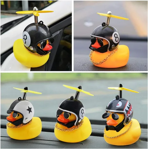Vista 6 de Adornos de pato de goma para automóvil, 2 piezas de pato amarillo, decoraciones de tablero de automóvil, cuernos de bicicleta de pato con casco