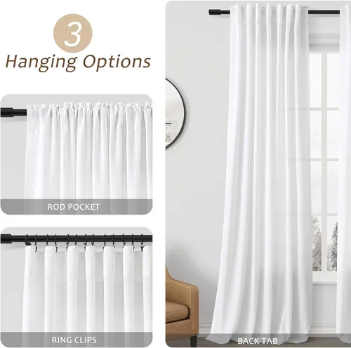 Vista 2 de Cortinas de lino blanco de 84 pulgadas, juego de 2 paneles con pestaña trasera larga, bolsillo para barra, cortinas semitransparentes para sala