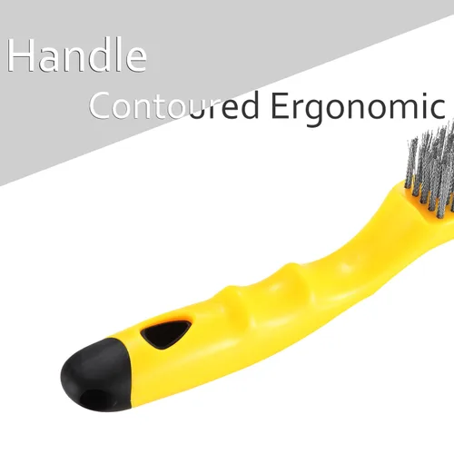 Vista 5 de Cepillo de alambre de acero inoxidable con mango de plástico curvado de 10.5 pulgadas y 79 paquetes de cerdas, resistente para eliminar la suciedad