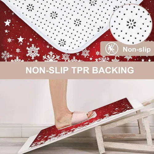 Vista 2 de ArtSocket Juego de 3 alfombras y tapetes de baño de Navidad, color rojo clásico, antideslizantes, absorbentes de copos de nieve, de espuma