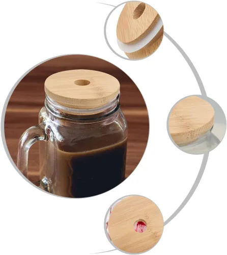 Vista 8 de Tapa de bambú para frasco, tapa de frasco, tapa de botella, tarro de vidrio, tapa de bambú, tapa de tarro con agujeros para pajilla, tapa