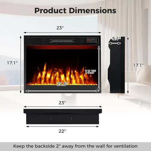 Vista 6 de Tangkula Chimenea eléctrica de 23 pulgadas, inserto de chimenea de 5,000 BTU con control remoto, piedras de cristal, color de llama ajustable