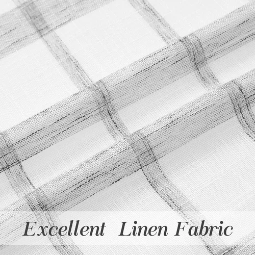 Vista 6 de SXZJTEX Cortinas a cuadros grises y blancos, cortinas rústicas de lino traslúcido a cuadros de 63 pulgadas de largo para sala de estar, dormitorio