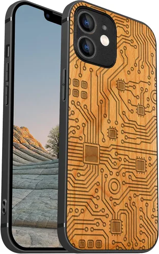 Vista 9 de Carveit Funda magnética de madera para iPhone 12 [madera natural y TPU suave negro] a prueba de golpes, funda de madera única y elegante compatible
