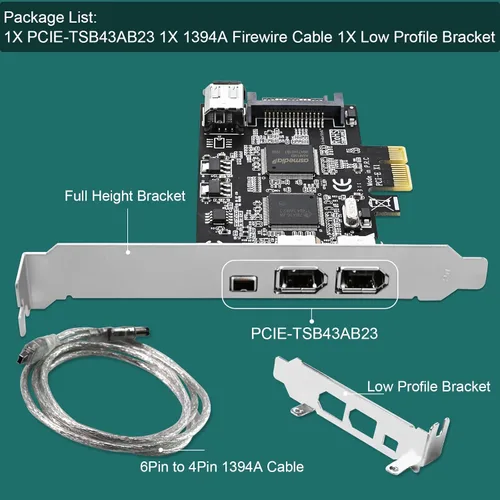 Vista 7 de Tarjeta PCIE 1394A Firewire 400 de 4 puertos para Windows OS y PC MAC OS, TI TSB43AB23, 3 x 6 pines y 1 interfaz 1394A de 4 pines, con cables de 4