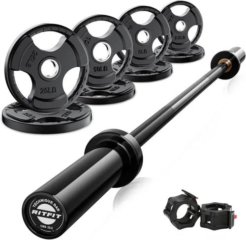 RitFit Barbell Weight Set - 4/6FT Olympic Barbell with Weight Plates (55-115LB Total) - Weightlifting Equipment for Squats, Curls, Deadlifts,