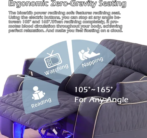 Vista 3 de Sofá reclinable individual eléctrico para muebles de sala de estar, silla reclinable de cuero con luces LED, puertos USB, almacenamiento oculto