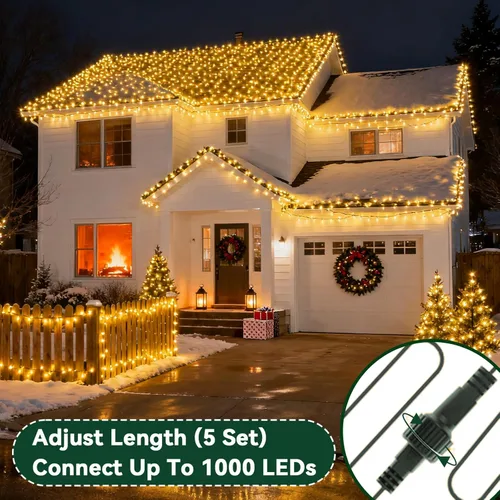 Vista 6 de Guirnalda de luces de Navidad de 66 pies, 200 luces LED de color blanco cálido, cable verde oscuro, para interiores y exteriores, impermeable, con 8