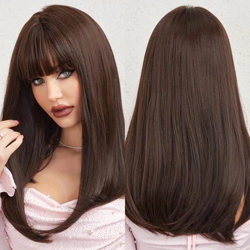 Vista 21 de HAIRCUBE Peluca de color marrón a rubio con flequillo para mujer, peluca de cabello largo ondulado marrón y rubio, pelucas sintéticas rizadas