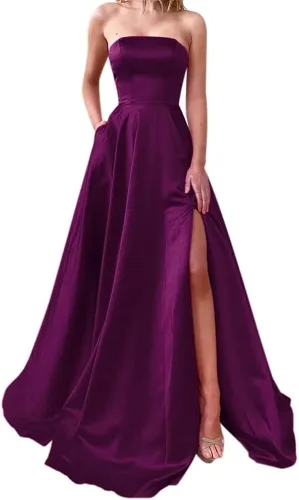 SiLidressy Vestido de graduación sin tirantes espalda abierta vestido de fiesta con abertura alta vestidos de noche largos para mujer con bolsillos