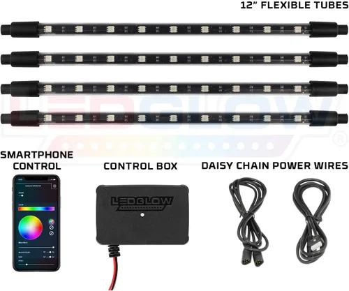 Vista 2 de LEDGlow Kit de iluminación de neón para interiores con Bluetooth, multicolor, 4 piezas, para automóviles y camiones, aplicación de teléfono