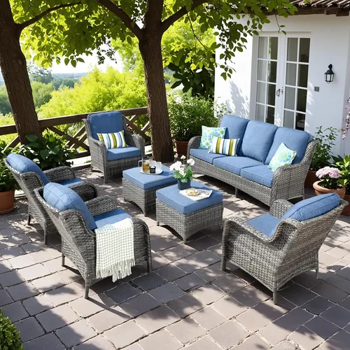 Vista 17 de Juego de muebles de exterior para patio, silla y sofá (ratán marrón, beige, 3 piezas)