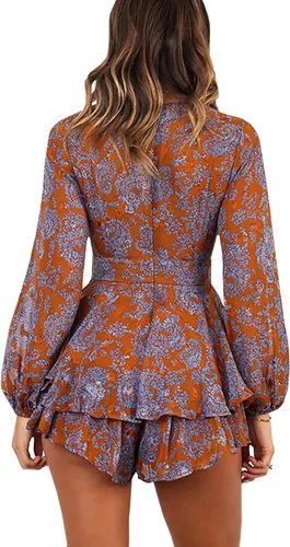 Vista 6 de AIMCOO - Enterizo con estampado floral para mujer con escote en V profundo con dobladillo de doble capa con volantes manga larga y holgada y cintura
