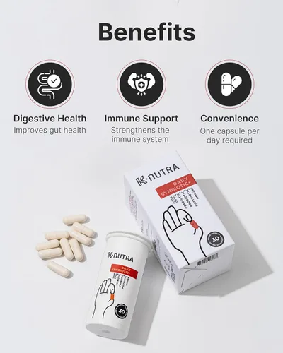 Vista 6 de K-Nutra Daily Synbiotic+ 30 cápsulas Prebióticos, probióticos y postbióticos 4 en 1 100 mil millones de UFC Suplemento de salud intestinal