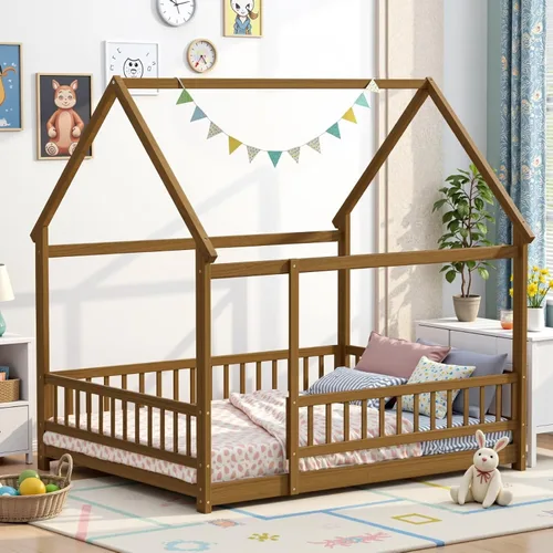 Vista 12 de LLS Base de cama Montessori tamaño individual para piso con listones y valla, cama de casa de madera para dormitorio de niños y niñas