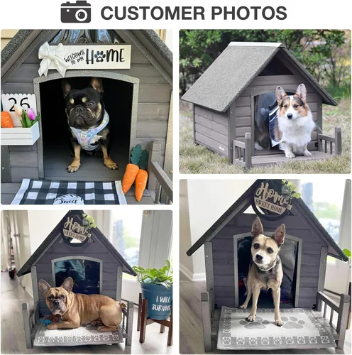 Vista 7 de Casa para perros con diseño de marco de hierro para interiores y exteriores, con porche y patas elevadas para perros pequeños y medianos (gris)