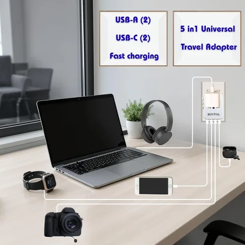 Vista 5 de Adaptador de viaje universal 5 en 1, adaptador de corriente internacional GaN de 20 W, 1 CA, 2 USB-C PD carga rápida y 2 USB-A QC, adaptador