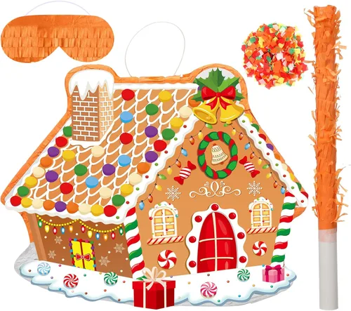 Vista 5 de Piñata de Calcetín de Navidad de 16 Pulgadas, Piñata Mexicana de Navidad con Palo, Paquete con Venda para los Ojos, Bundle de Navidad