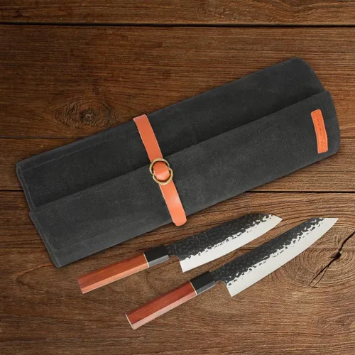 Vista 4 de Manjushri Bolsa enrollable para cuchillos de chef con 9 bolsillos de tela de lona y cinturón de cuero genuino.