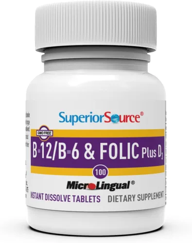 Vista 4 de Superior Source No Shot Vitamina B12 Cianocobalamina 1000 mcg, B6, ácido fólico, vitamina D 1000 UI, tabletas microlingües de disolución rápida, 100