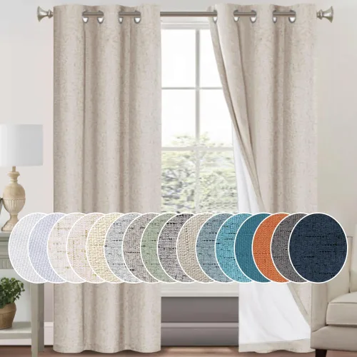 Vista 40 de PrinceDeco Cortinas con textura de lino 100% opacas de 64 pulgadas de largo, juego de 2 paneles de cortinas de lino opacas con forro aislante Arena