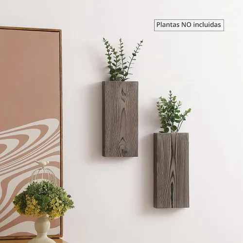 Vista 2 de GRID FORTE Juego de 2 macetas de pared de madera de nogal oscuro, bolsillo de pared para vegetación y flores secas, decoración de pared de granja