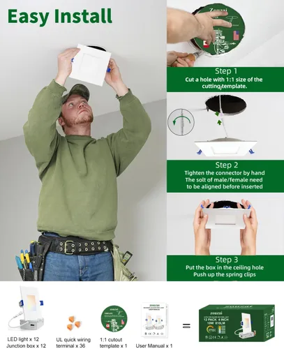 Vista 8 de zouzai Luz empotrable LED cuadrada de 4 pulgadas para cortes redondos, ultrafina 5CCT seleccionable y regulable con caja de conexiones, certificado