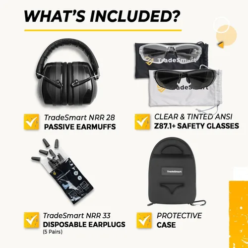 Vista 45 de TradeSmart All-in-One Shooting Ear Protection - Comfort+ NRR 28 Earmuffs, Glasses & Earplugs + Carry Case