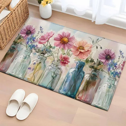 2x3 Door Mat, Colorful Flowers Non-Skid Rubber Backing Large Rectangle Rugs - Living Room Bedroom Home Office, Country Retro Watercolor Spring