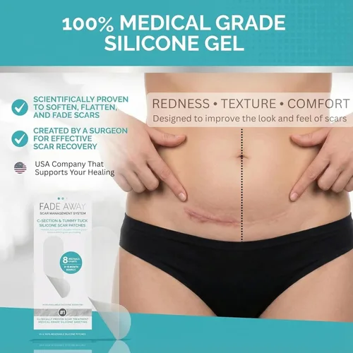Vista 2 de Fade Away Hojas de silicona para cicatrices para cesárea y abdominoplastia – Cinta de silicona reutilizable de grado médico para cicatrices