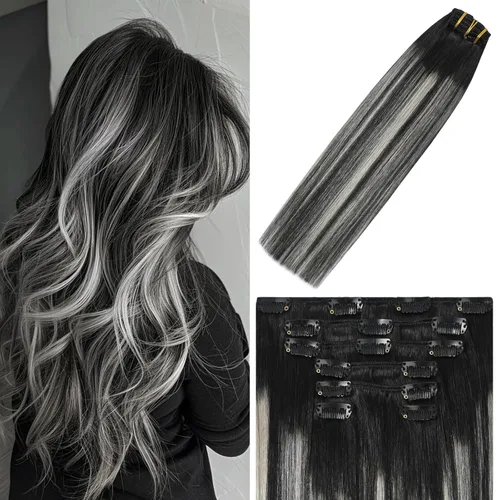 Vista 23 de WindTouch - Extensiones de cabello humano liso con pinzas, color negro azabache, 2.47 onzas, N.° 1, 12 pulgadas, 7