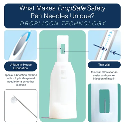 Vista 4 de DropSafe Agujas de pluma de seguridad 31G x 5mm, caja de 100 unidades, agujas estériles con sistema de bloqueo para máxima protección, escudo
