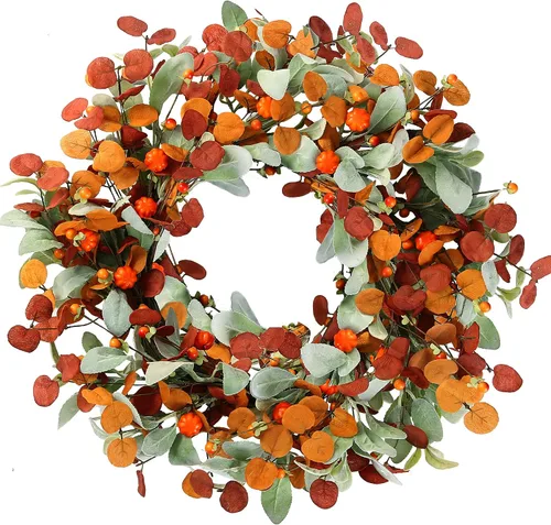 Sggvecsy Corona de otoño de 21 pulgadas, corona artificial de otoño para puerta delantera con calabazas pequeñas, hojas de eucalipto de seda, orejas